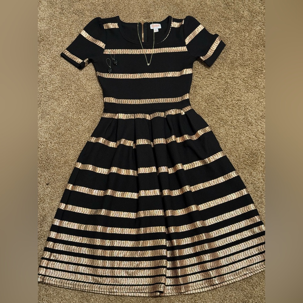 LuLaRoe Black and Rose Gold Striped Dress with jewelry